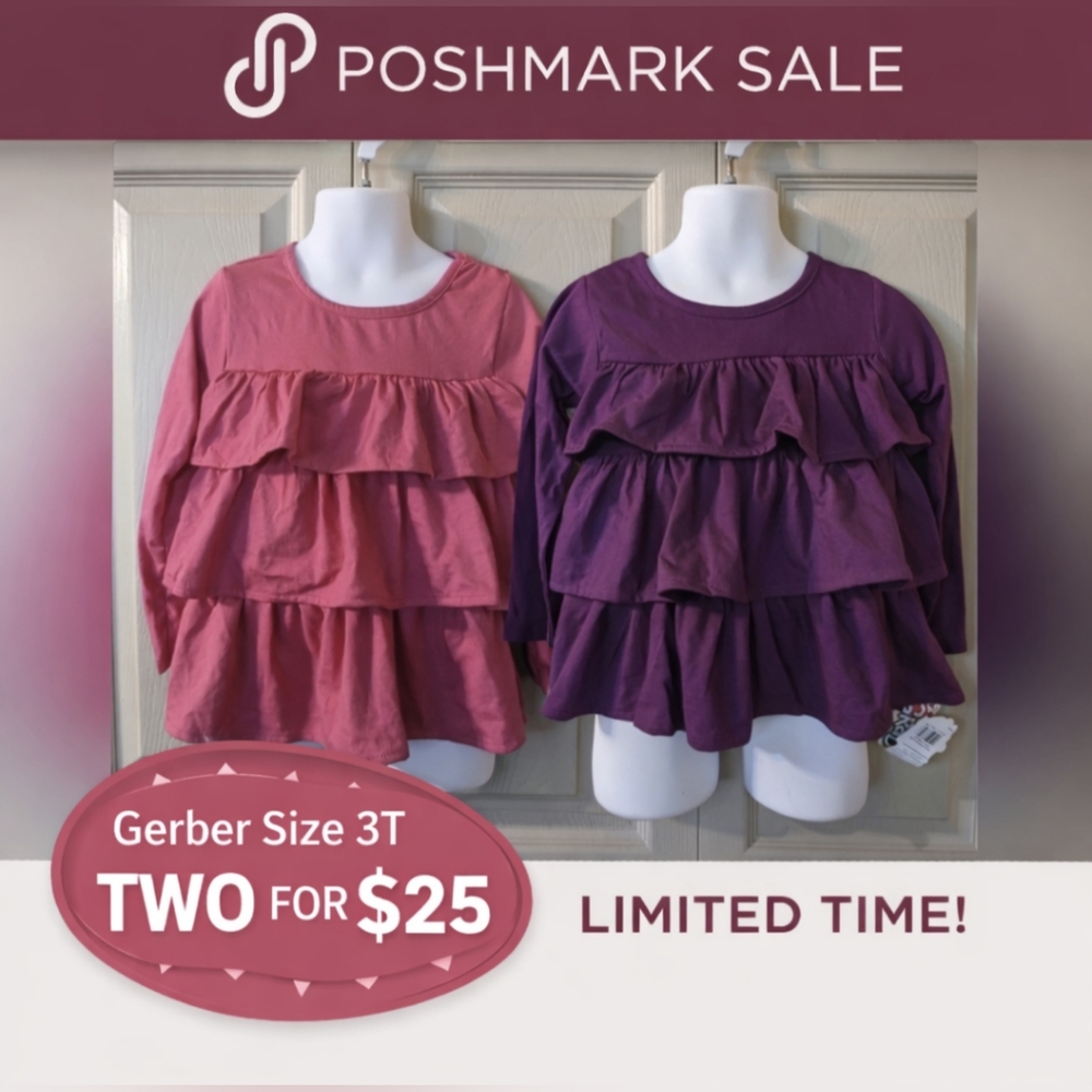 Gerber Girls 3T Ruffle Long Sleeve Tops Bundle Pink Purple 2 for $25 NWT, T1A